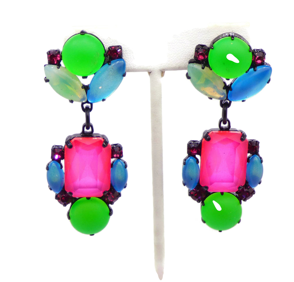 Czech Neon Glass Stone Japanned Earrings - Vintage Lane Jewelry