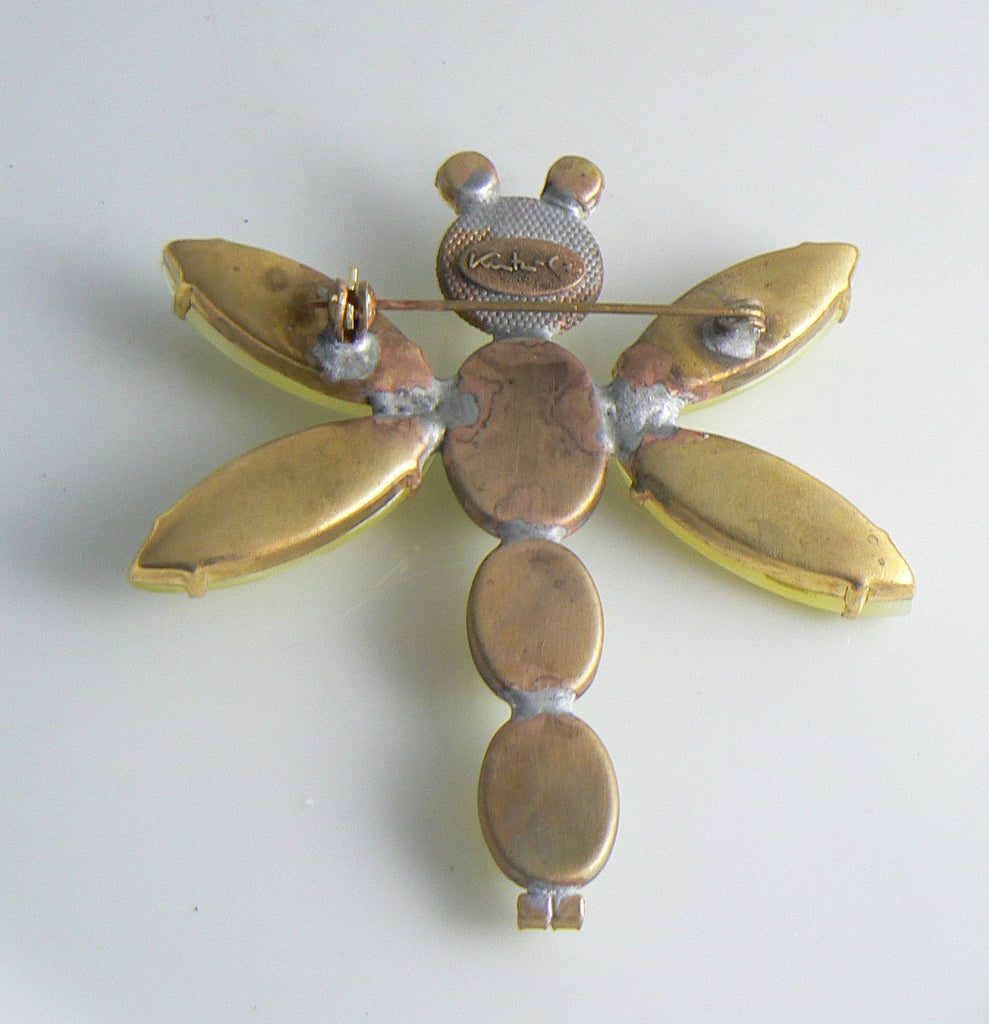 Czech Vaseline Uranium Glass Dragonfly Brooch - Vintage Lane Jewelry