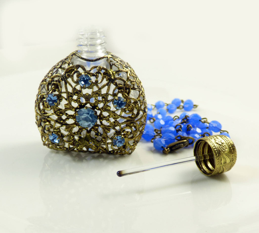 Vintage Czech Glass Gold Filigree Perfume Bottle Necklace - Vintage Lane Jewelry