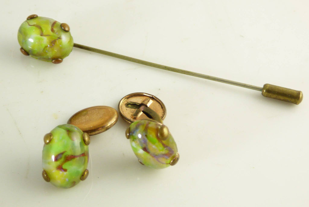 Vintage Green Dragons Breath Gold Tone Cufflinks - Vintage Lane Jewelry