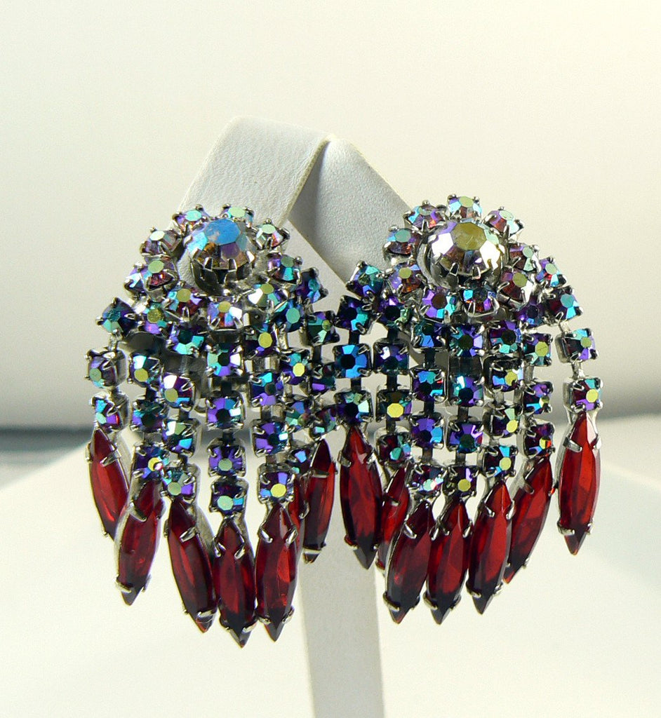 Vintage Weiss Red Aurora Borealis Rhinestone Fringe Earrings - Vintage Lane Jewelry