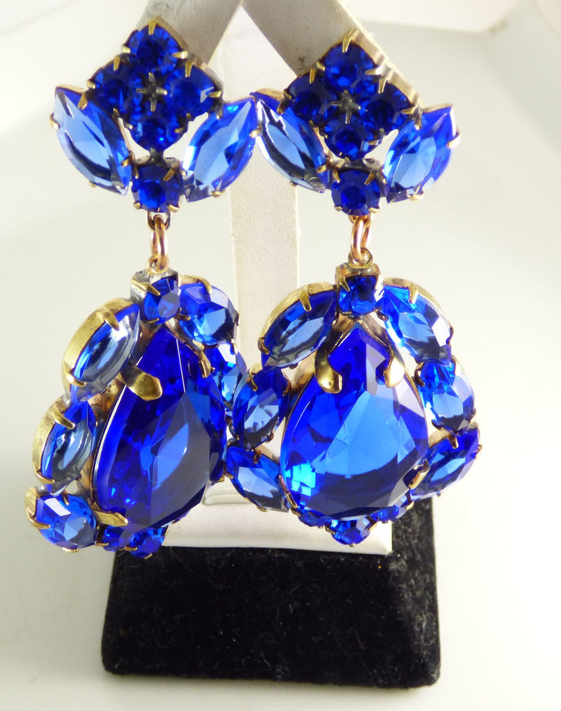 Blue Czech Glass Huge Dangling Pierced Style Earrings - Vintage Lane Jewelry