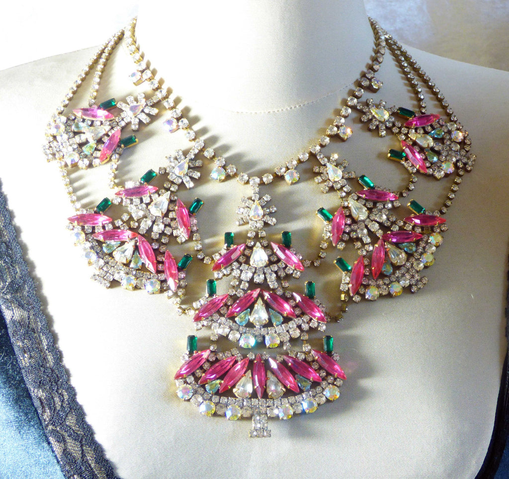 Husar D. Czech Glass Statement Christmas Tree Pink Rhinestone Necklace - Vintage Lane Jewelry