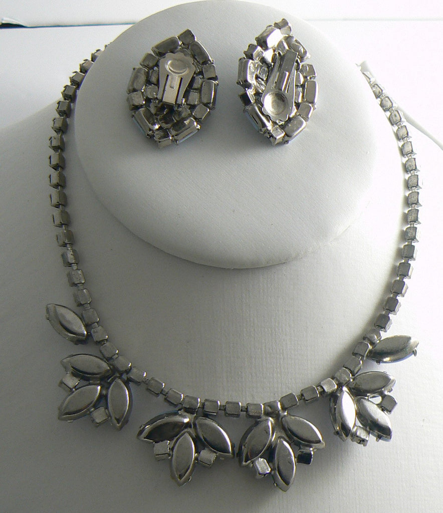 Baby blue milk glass rhinestone necklace earring set - Vintage Lane Jewelry