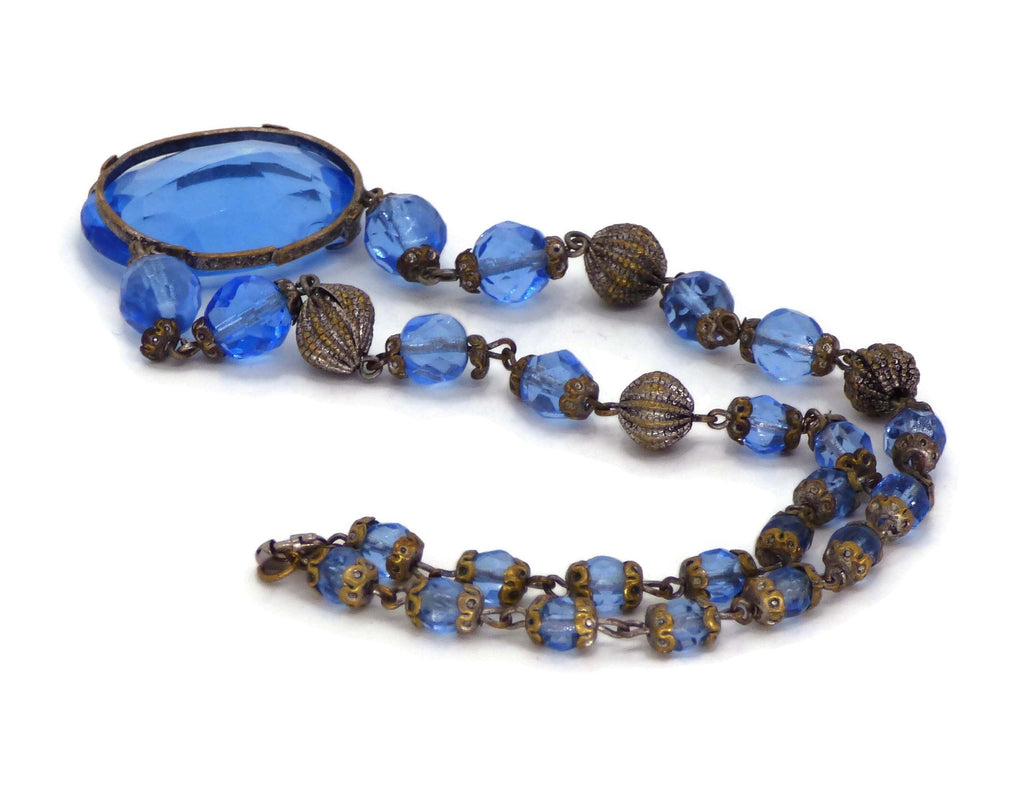 Art Deco Blue Glass Filigree Necklace - Vintage Lane Jewelry