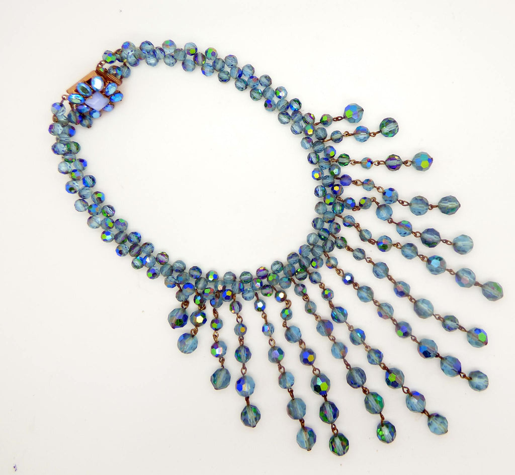 Vintage Miriam Haskell Era Blue AB Glass Bead Dangling Waterfall Rhinestone Clasp Necklace - Vintage Lane Jewelry