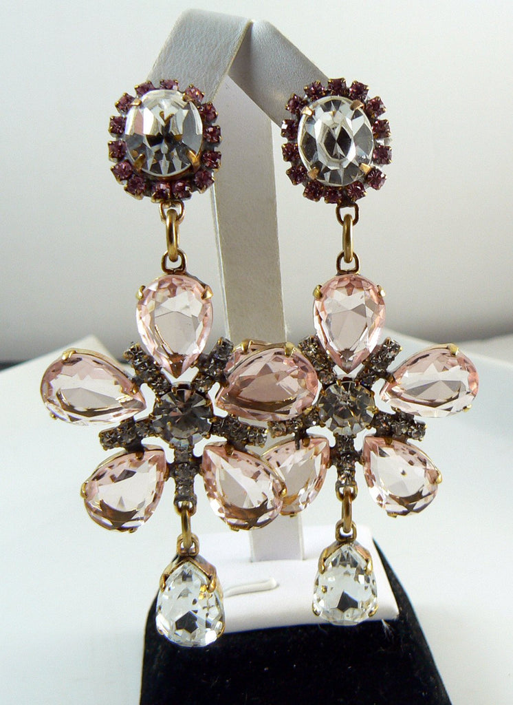 Pale Pink Flower Dangle Czech Glass Pierced Style Earrings - Vintage Lane Jewelry