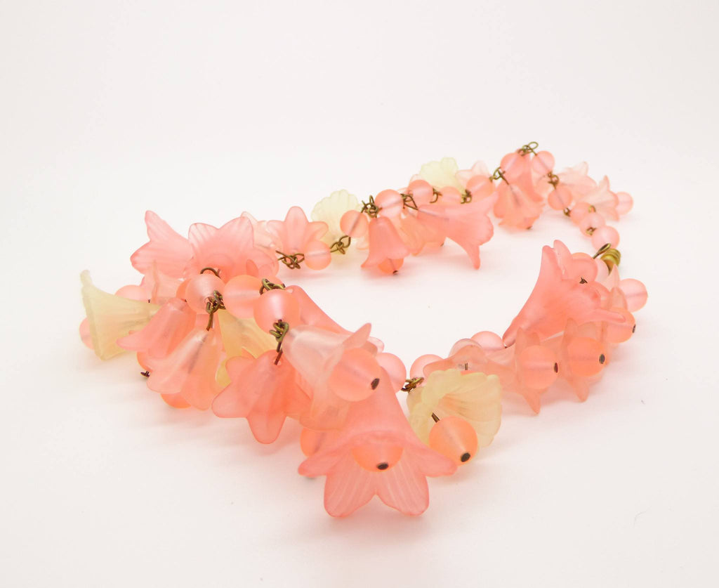 Lucite Flowers and Glass Bead Necklace, Peach and Bright Salmon Colors - Vintage Lane Jewelry