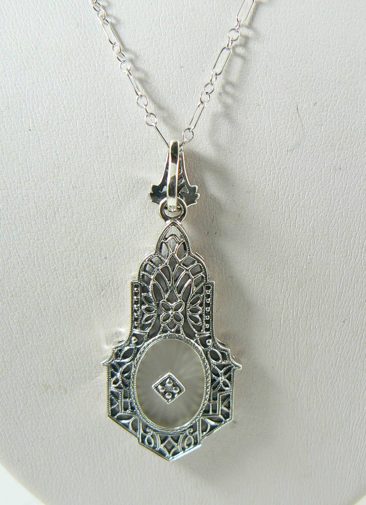 Victorian Camphor Glass Onyx and Diamond Sterling Silver Necklace - Vintage Lane Jewelry