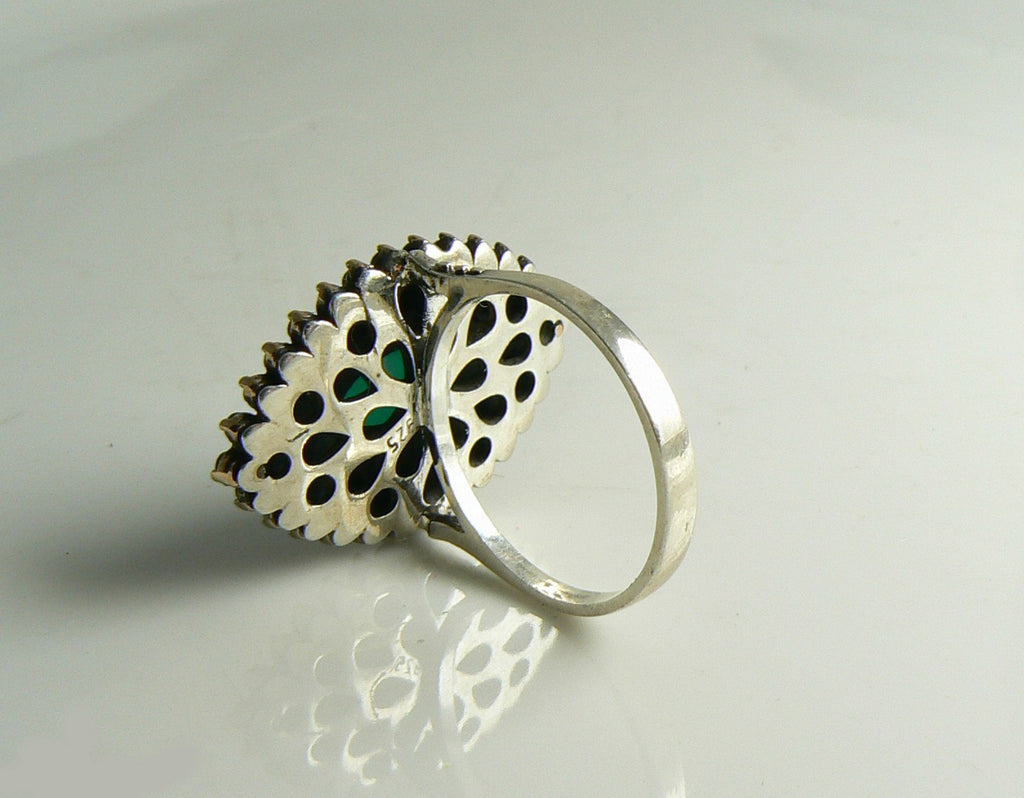 Natural Emerald and White Topaz Turkish Sterling Silver Ring. size 8.5 - Vintage Lane Jewelry