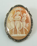 Vintage 3 Graces Shell Cameo Brooch Pendant, Fine Silver, Marcasite - Vintage Lane Jewelry