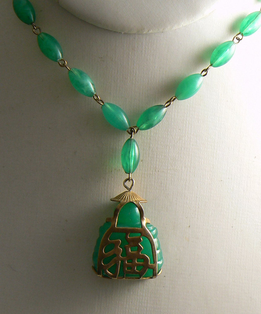 Vintage Jade Green Colored Bead Buddha Pendant Necklace - Vintage Lane Jewelry