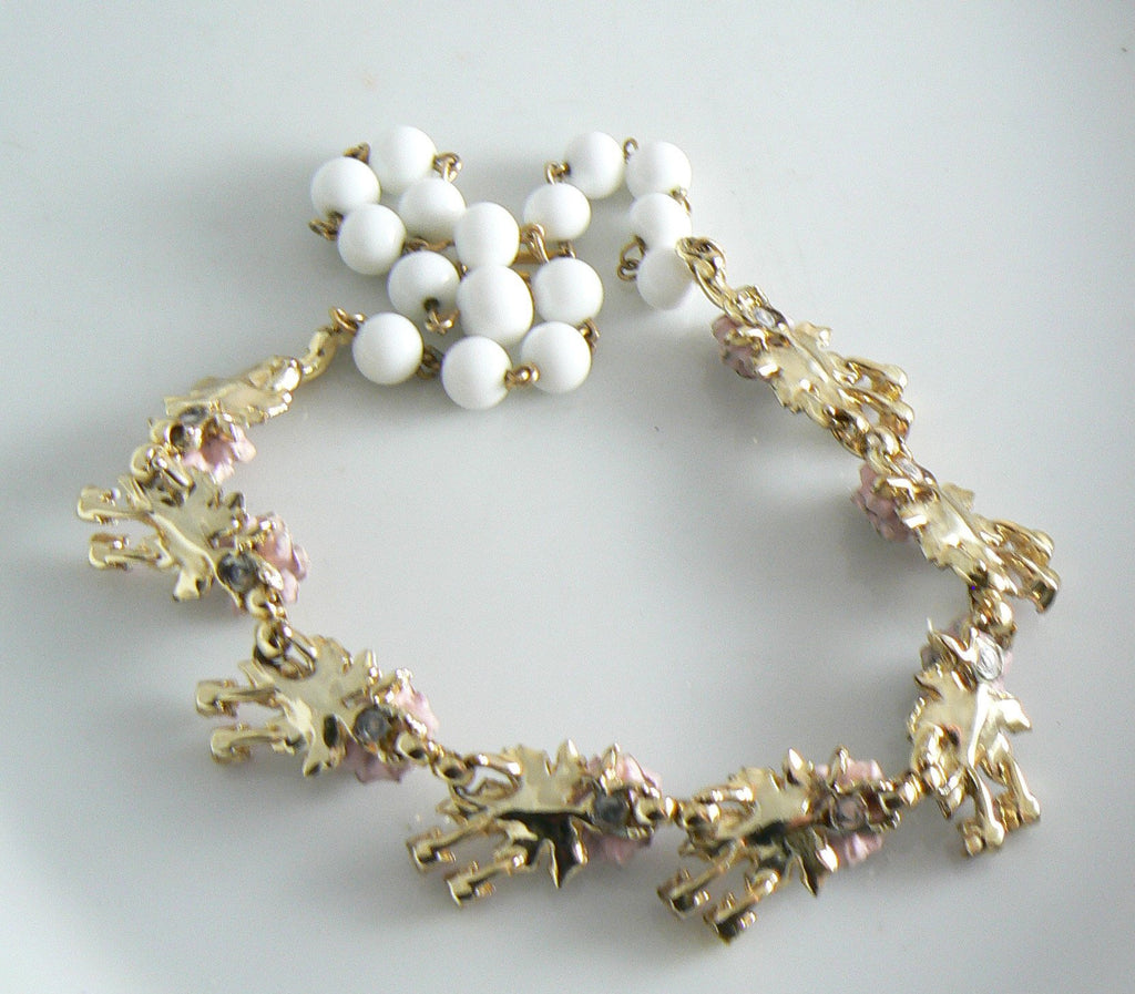Vintage Pink And White Enamel Rhinestone Glass Bead Necklace - Vintage Lane Jewelry