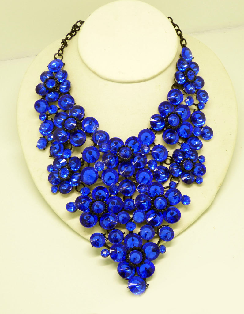 Rhinestone Statement Massive Necklace Bright Blue, Gun Metal - Vintage Lane Jewelry