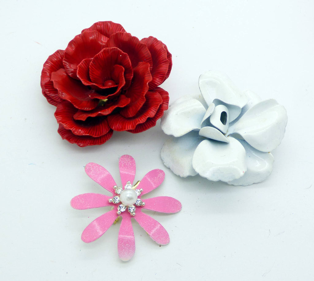 Vintage Enamel Flower Pins, Brooch Lot, Reds and Whites - Vintage Lane Jewelry