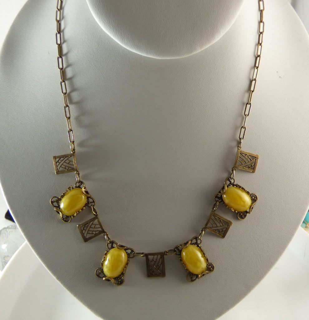 Czech Art Deco Yellow Glass Cabochon Brass Filigree Necklace - Vintage Lane Jewelry