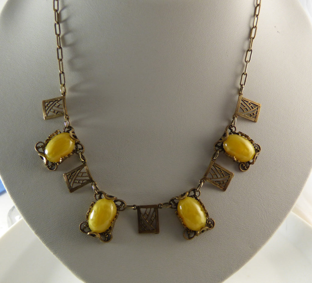 Czech Art Deco Yellow Glass Cabochon Brass Filigree Necklace - Vintage Lane Jewelry