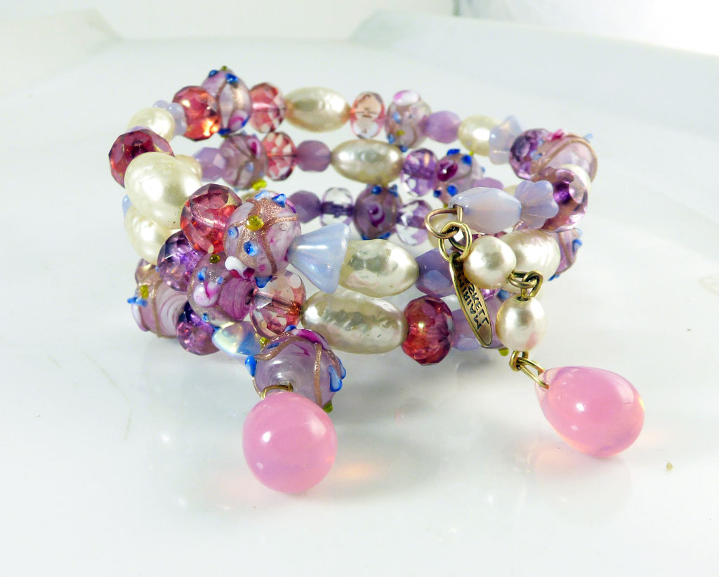 Vintage Miriam Haskell Glass Pearl, Purple and pink glass beads, wedding cake beads Memory Coil Bracelet - Vintage Lane Jewelry
