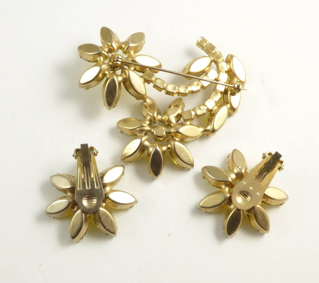Vintage Yellow Givre Glass Aurora Borealis Rhinestone Gold Tone Flower Brooch and Clip Earrings - Vintage Lane Jewelry