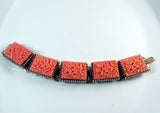 Vintage Molded Coral Glass Flower Panel Book Chain Bracelet - Vintage Lane Jewelry