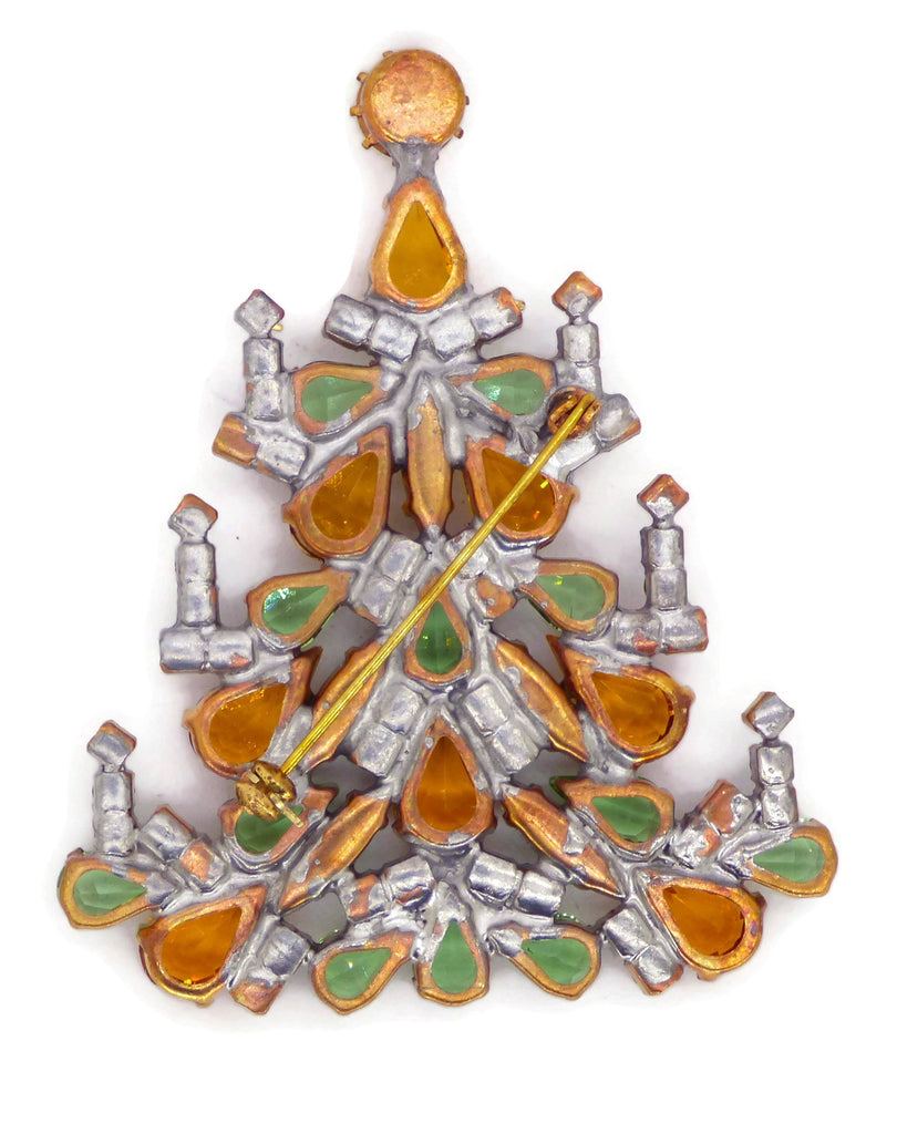 Czech Glass Green and Topaz Rhinestone Christmas Tree Brooch - Vintage Lane Jewelry