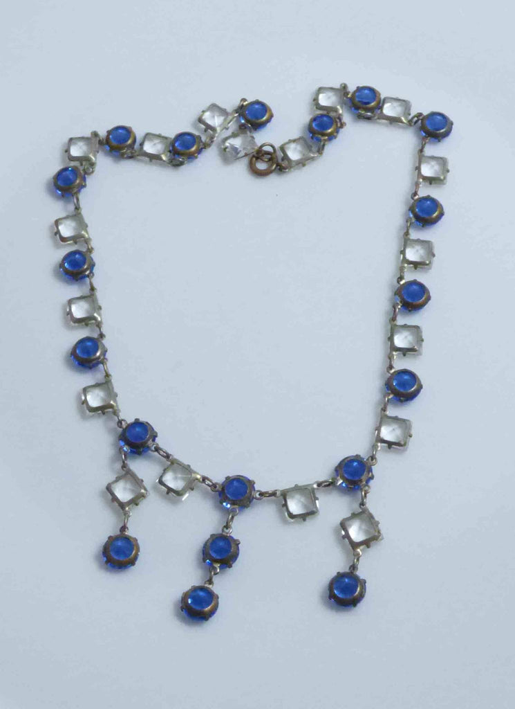 Art Deco Sapphire Blue and Clear Drippy Crystal Necklace - Vintage Lane Jewelry
