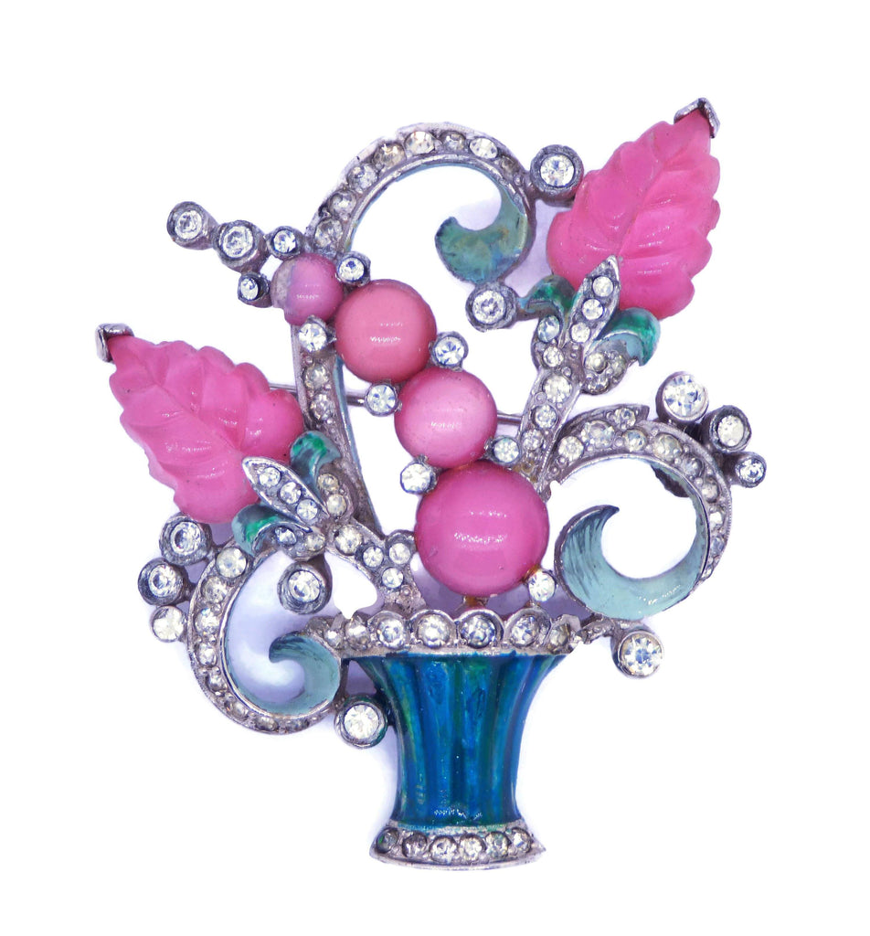 MAZER Carved Molded Pink Glass Rhinestones Enamel Basket Brooch Pin - Vintage Lane Jewelry