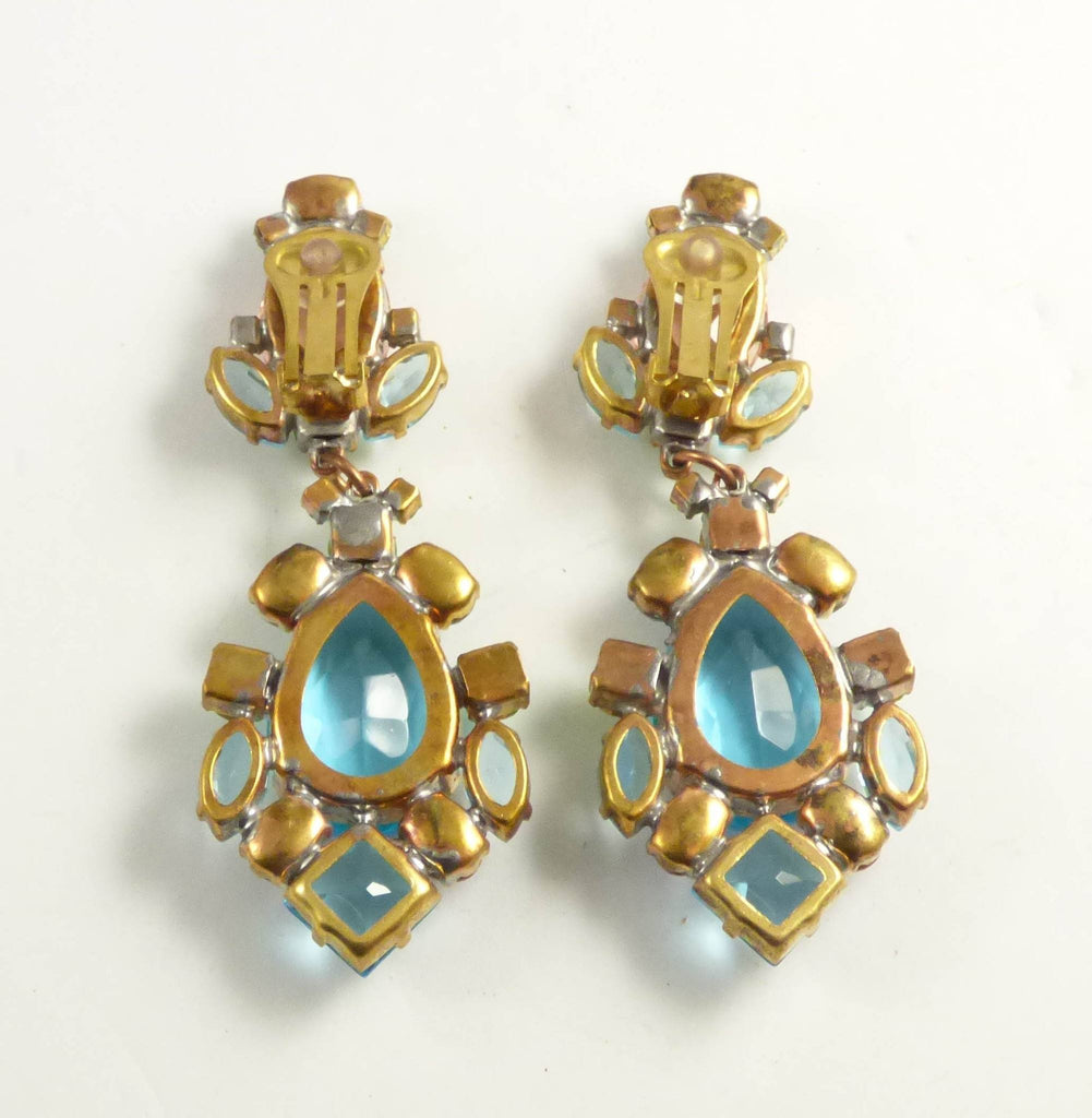 Czech Glass Aqua Blue, Pink and Green Rhinestones Clip Earrings ...