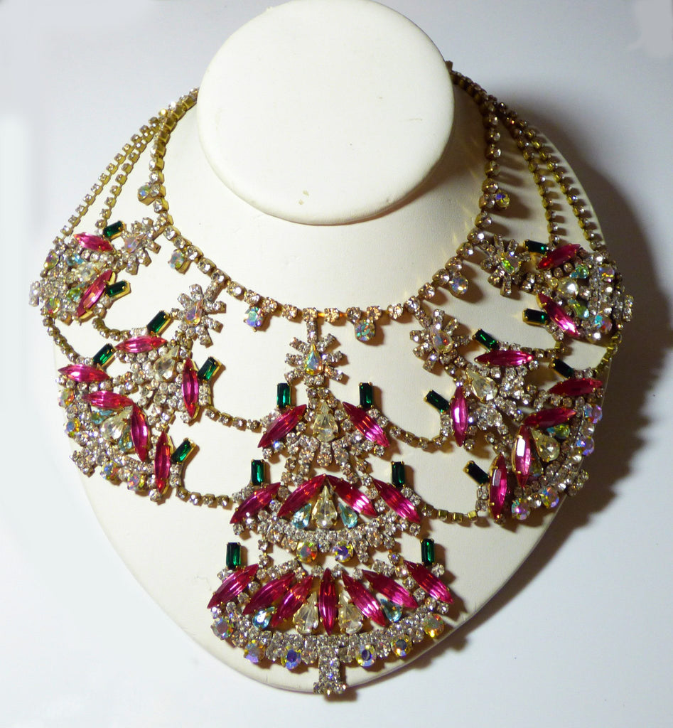 Husar D. Czech Glass Statement Christmas Tree Pink Rhinestone Necklace - Vintage Lane Jewelry