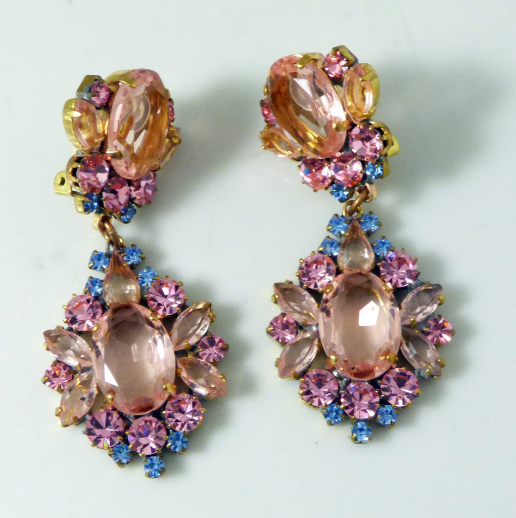 Czech Glass Clip Earrings, Shades of Pink, Rhinestone - Vintage Lane Jewelry