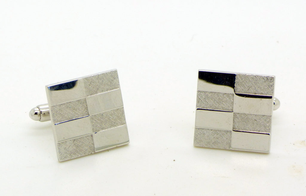 Checkerboard Silver Tone Cufflinks and Tie Tack Set in Original Box, Signed Shield. - Vintage Lane Jewelry