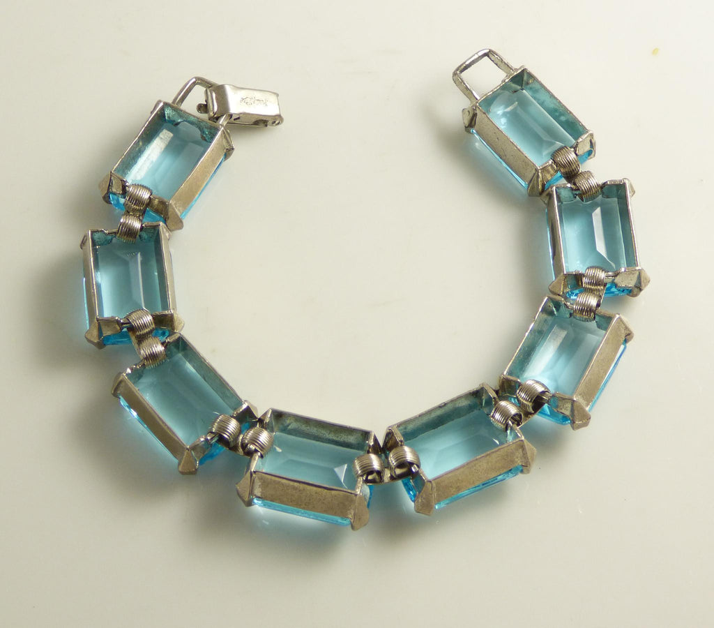 Vintage Judy Lee large aqua blue glass open back rhinestone bracelet - Vintage Lane Jewelry