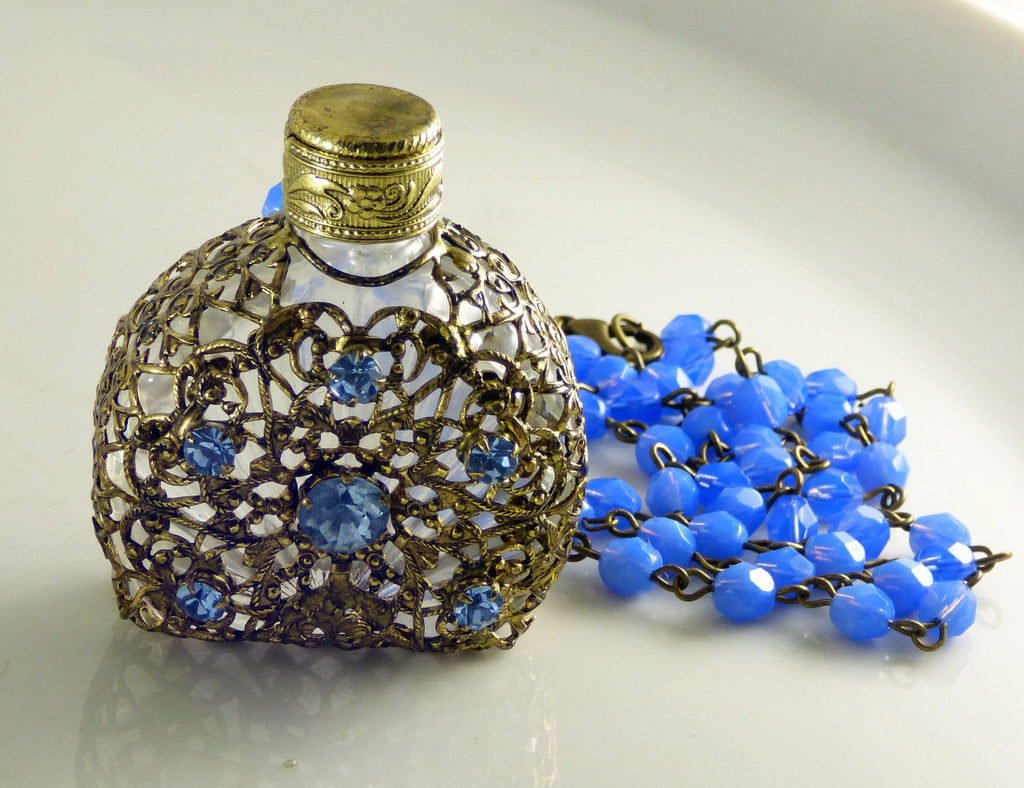 Vintage Czech Glass Gold Filigree Perfume Bottle Necklace - Vintage Lane Jewelry