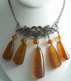 Amber Colored Lucite Dangle Filigree Necklace - Vintage Lane Jewelry