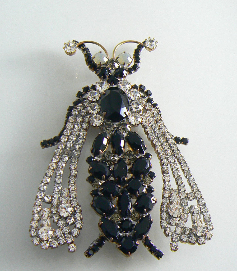 Large Black And Clear Czech Rhinestone Fly Brooch - Vintage Lane Jewelry