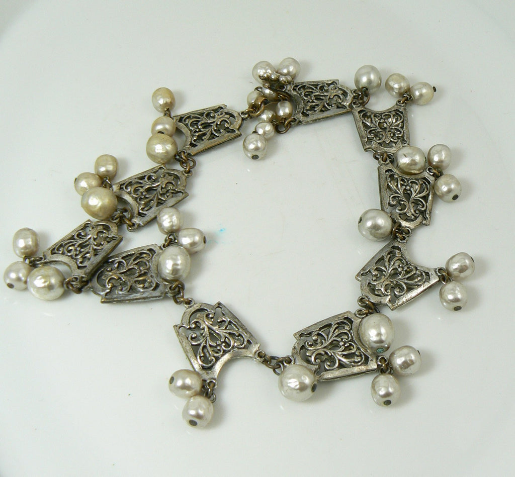 Miriam Haskell Baroque Pearl and Silver Filigree Festoon Necklace - Vintage Lane Jewelry