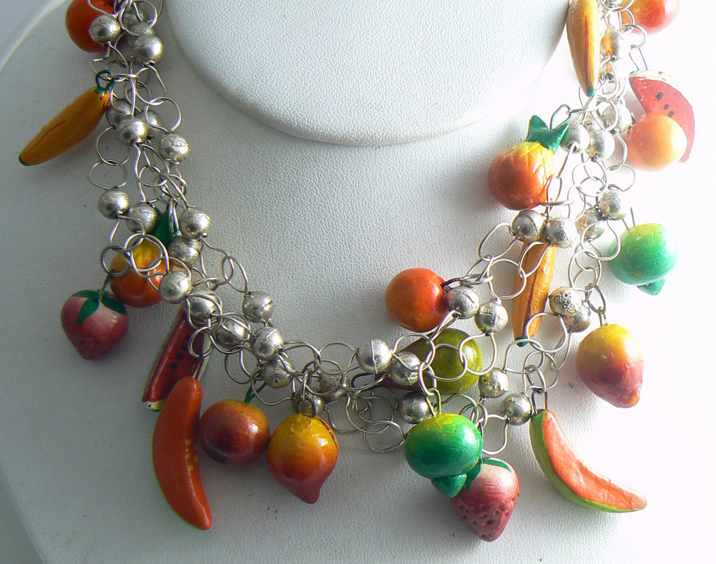 Vintage Long Carmen Miranda Fruit Dangle Charm Necklace - Vintage Lane Jewelry
