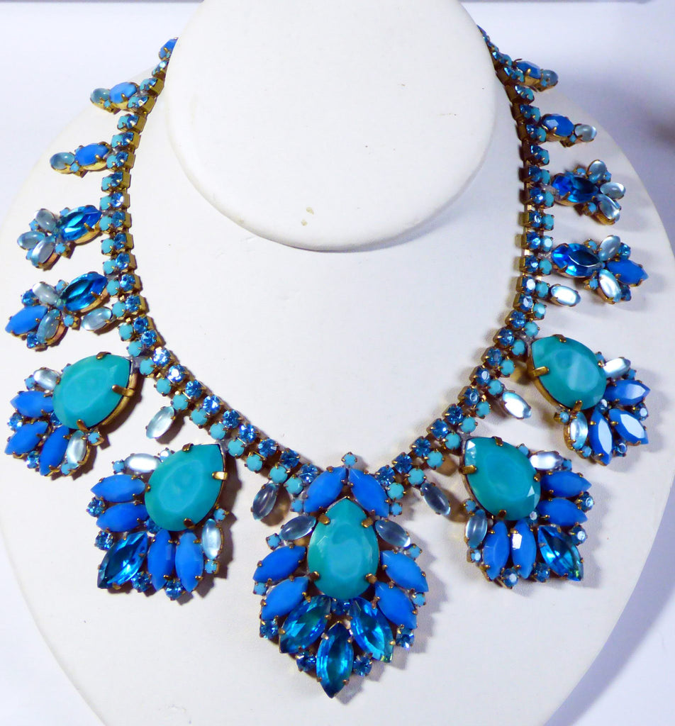 Blue Rhinestone and Opaque Blue Czech Glass Statement Necklace - Vintage Lane Jewelry