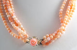 Angel Skin Coral Natural 4 Strand Necklace with Carved Coral Flower Clasp - Vintage Lane Jewelry
