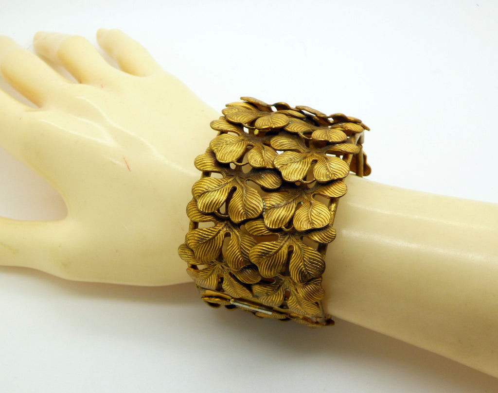 Four Leaf Clover Wide Hinged Bracelet, Brushed Gold Tone - Vintage Lane Jewelry