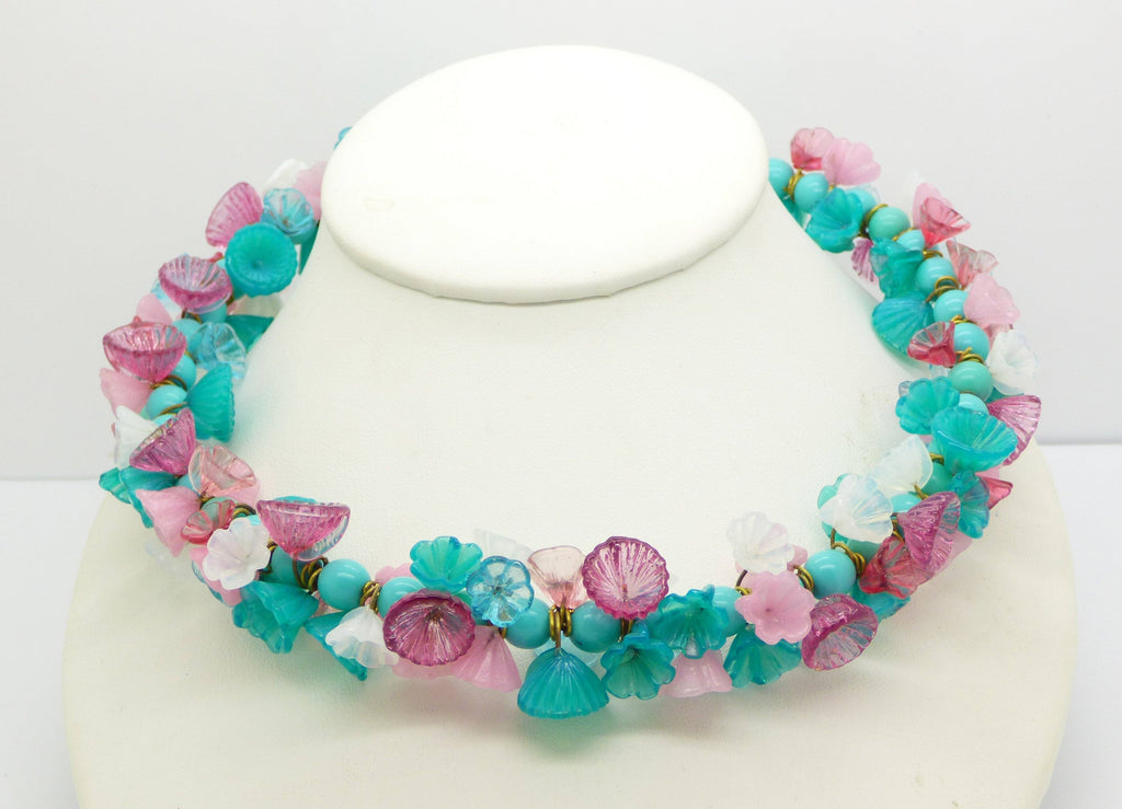 Turquoise Beaded Glass Flower Necklace/Choker - Vintage Lane Jewelry