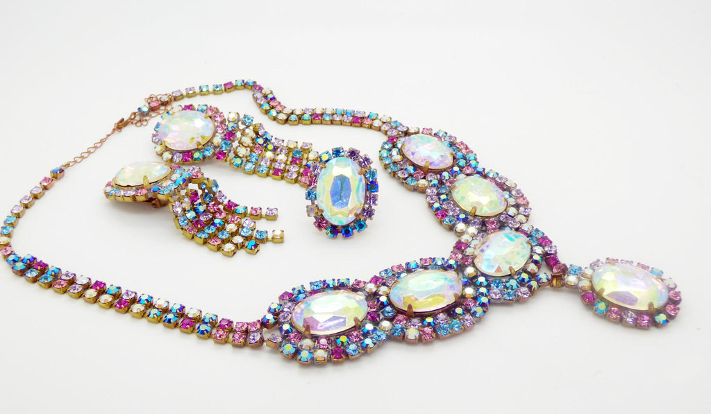 Czech Glass Multicolored Pastel Rhinestone Necklace, Clip Earrings and Ring - Vintage Lane Jewelry