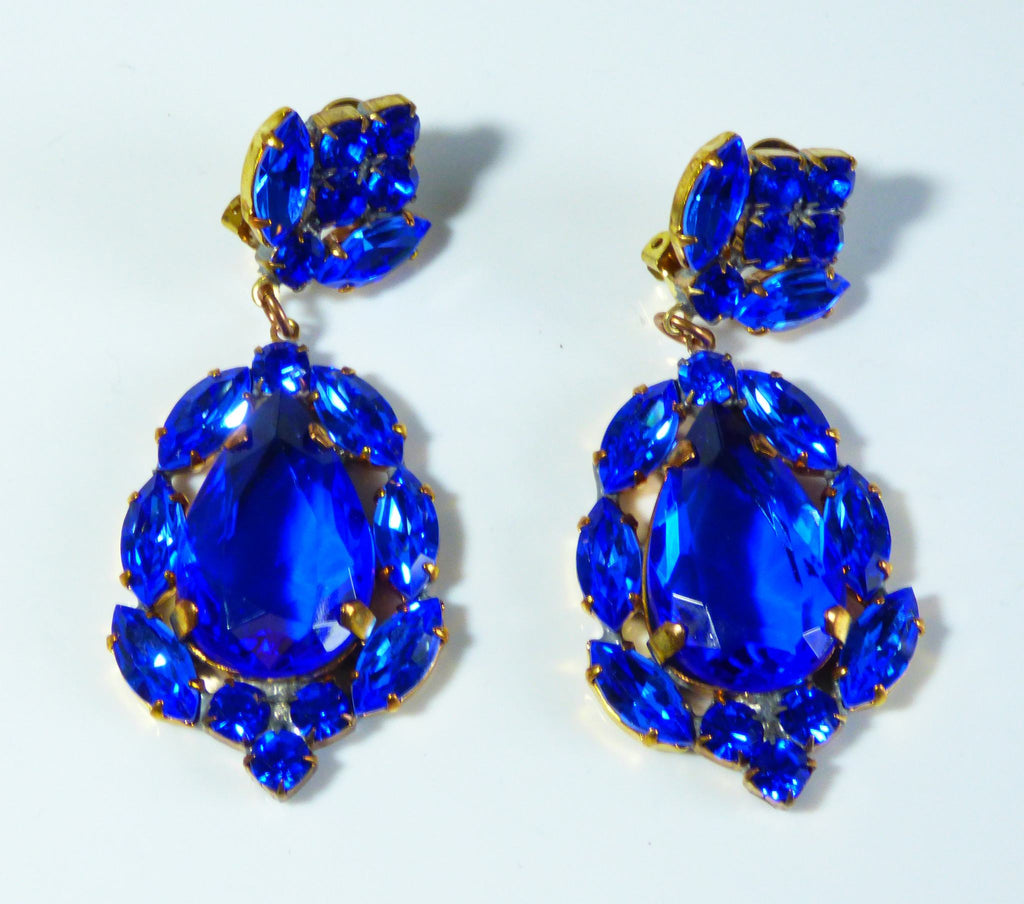 Royal Blue Czech Glass Huge Dangling Clip Earrings - Vintage Lane Jewelry