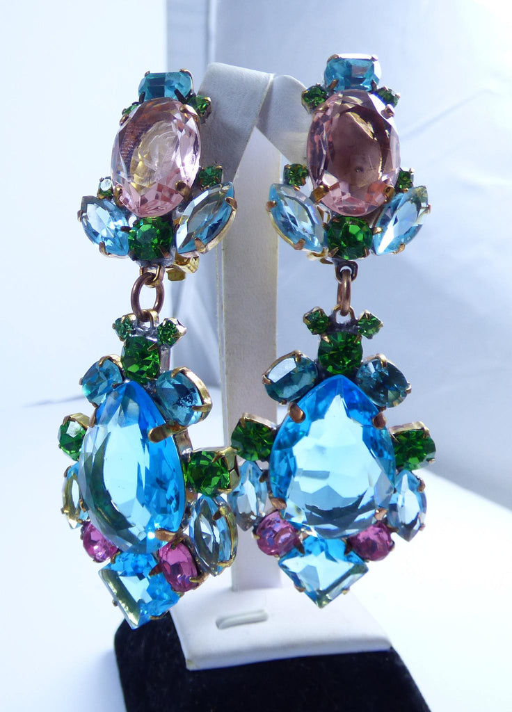 Czech Glass Aqua Blue, Pink and Green Rhinestones Clip Earrings - Vintage Lane Jewelry