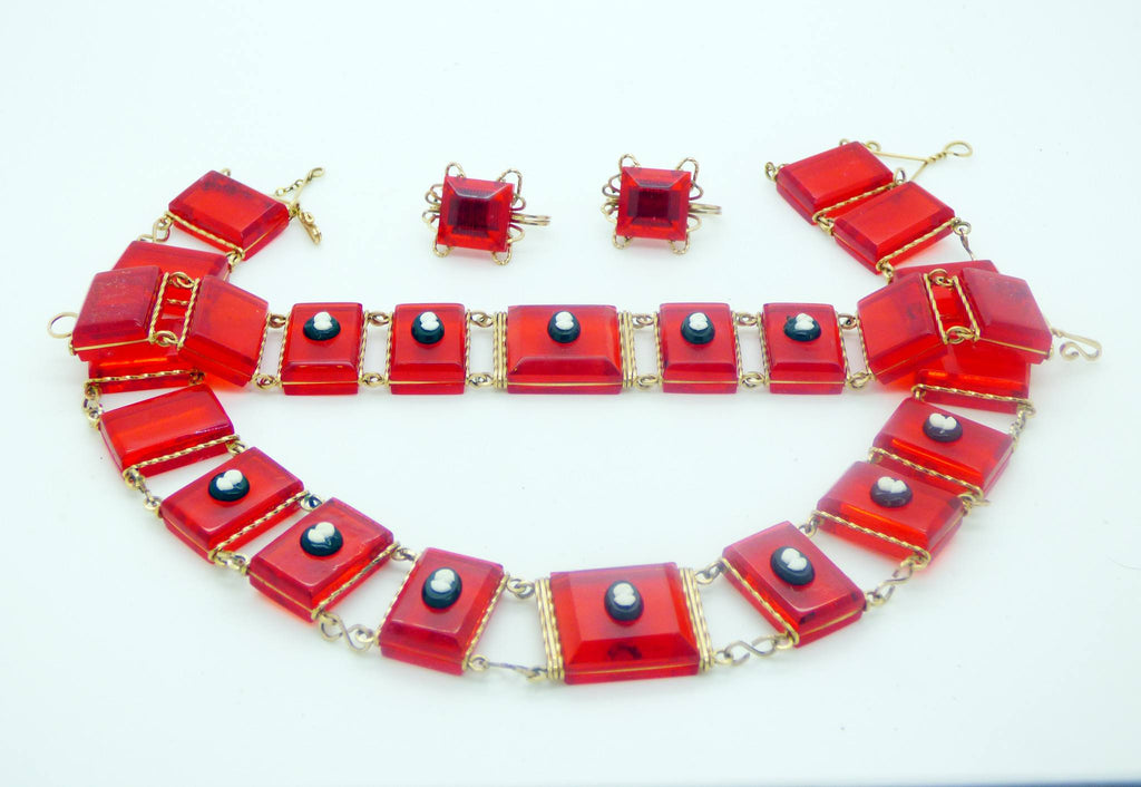 Red Lucite Panel Black Cameo Necklace, Bracelet and Earrings - Vintage Lane Jewelry