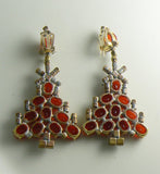 Czech Glass Red and Borealis Rhinestone Christmas Tree Clip Earrings - Vintage Lane Jewelry