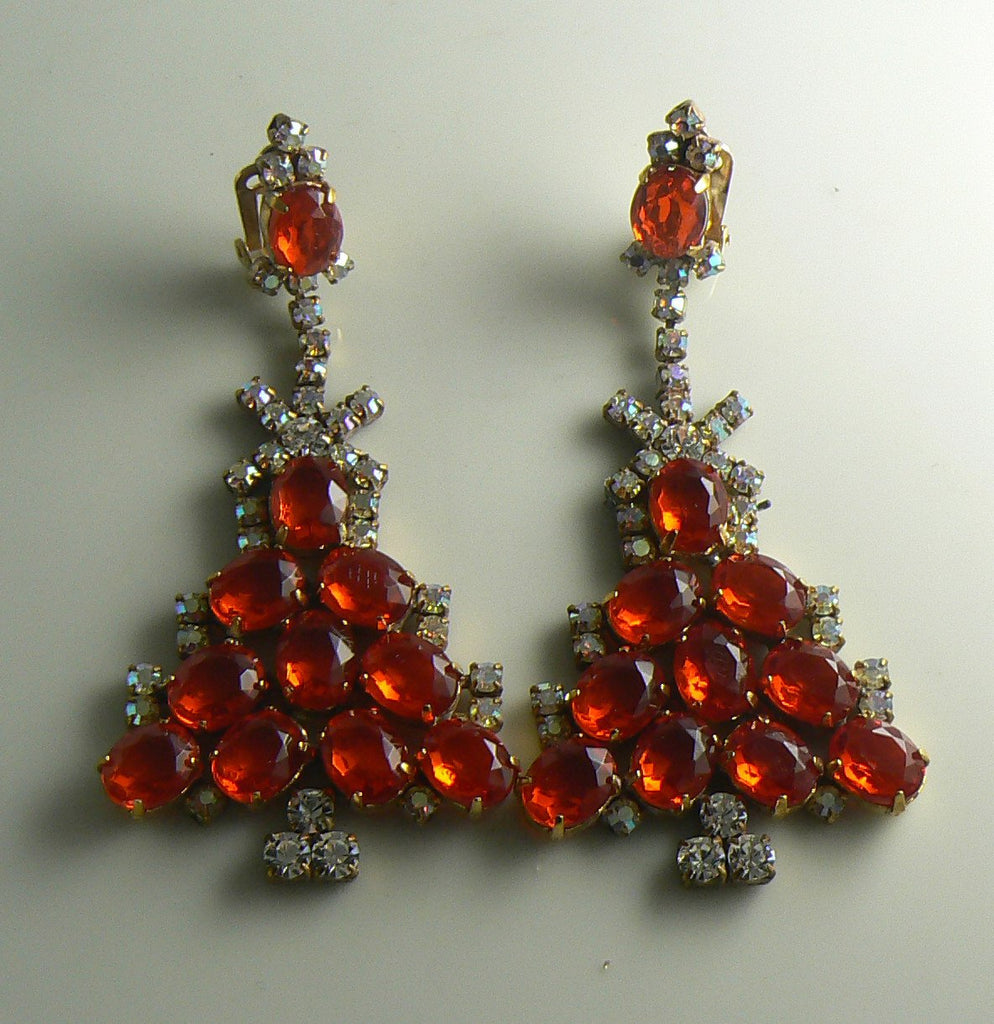 Czech Glass Red and Borealis Rhinestone Christmas Tree Clip Earrings - Vintage Lane Jewelry