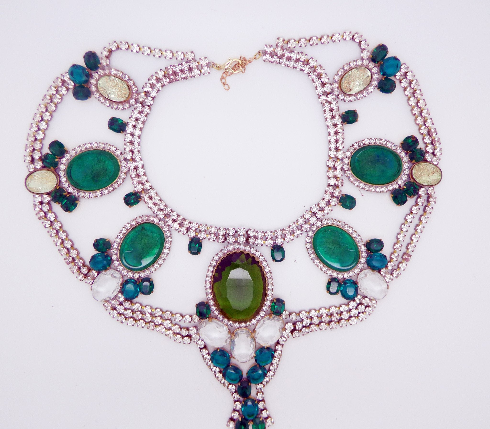 Czech Statement Rhinestone Green Glass Cameo Necklace - Vintage Lane ...