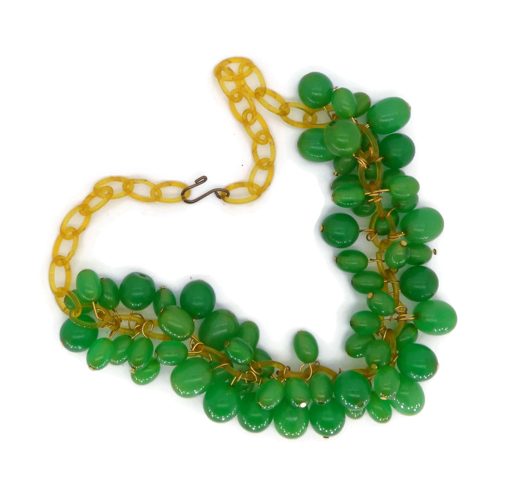 Vintage Green Bakelite Beads Gold Celluloid Chain Necklace - Vintage Lane Jewelry