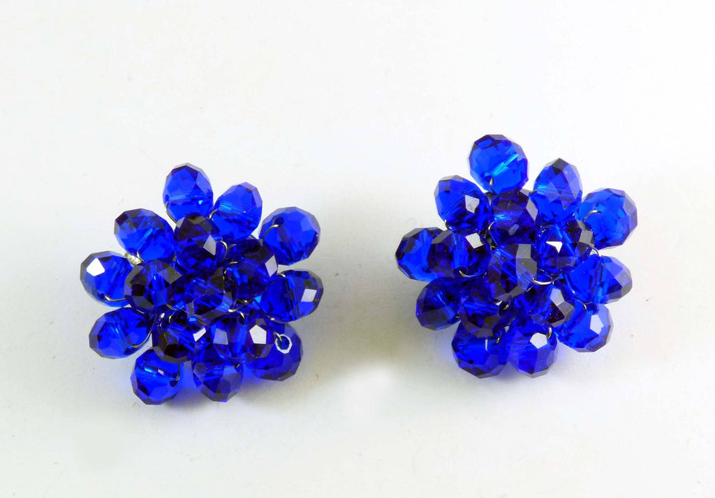 Vivid Blue Glass Hand Wired Cluster Clip Earrings - Vintage Lane Jewelry